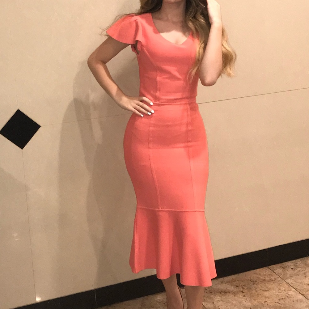 BCBG Coral Bandage Fluted Bodycon Midi Dress